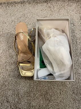 Sergio Rossi Gold Strappy Square-Toe Slide Heels